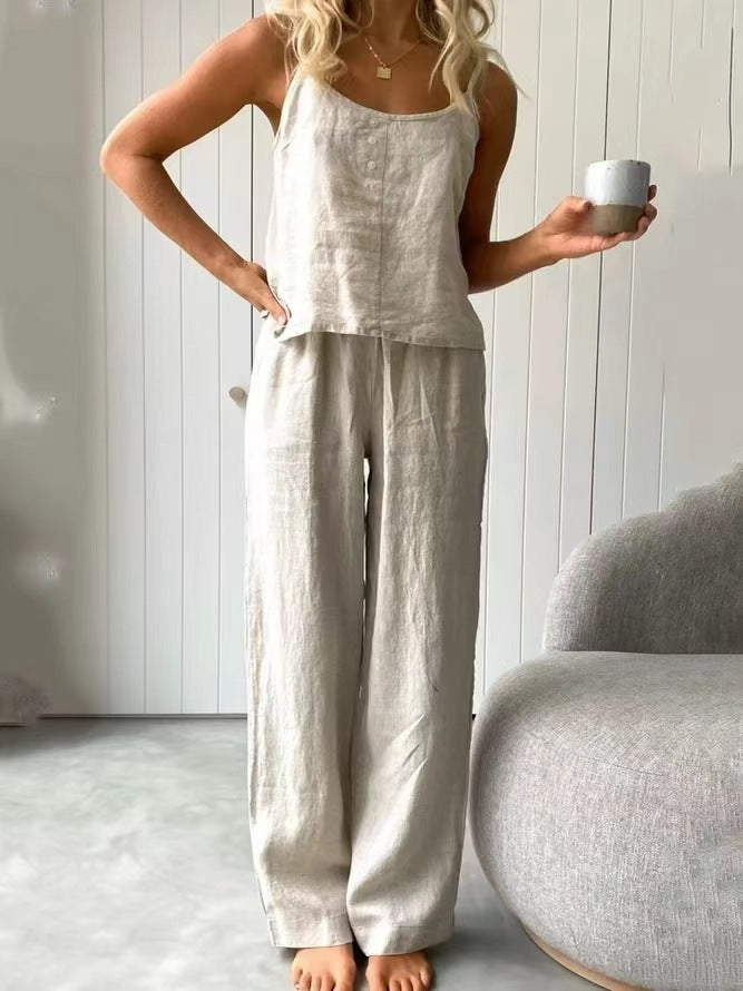 Dame casual linned sæt med top og brede bukser Skovae