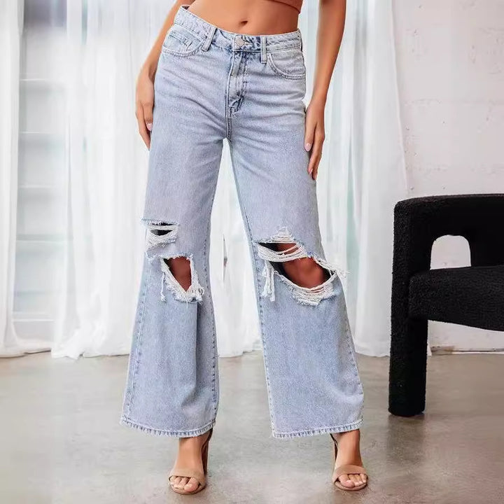Dame brede jeans med iøjnefaldende huller og trendy design Stilla