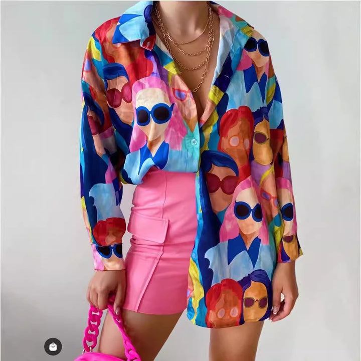 Dame Oversized Bluse med farverige illustrationer Stilla