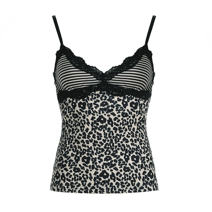 Dame spaghetti-top med elegant spidskant og moderne leopardmønster Skovae