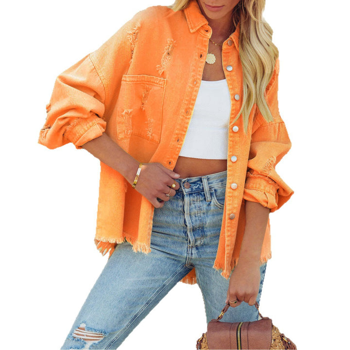 Dame løs oversized denimjakke med frynser og dekorative knapper Skovae