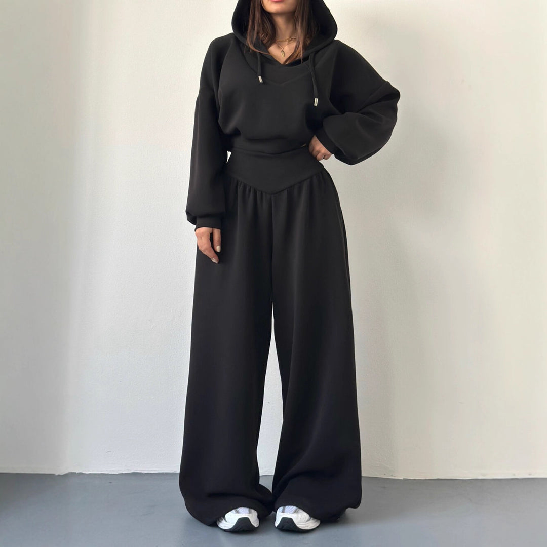 Kvinders afslappede sport loungewear sæt med cropped hoodie og brede bukser