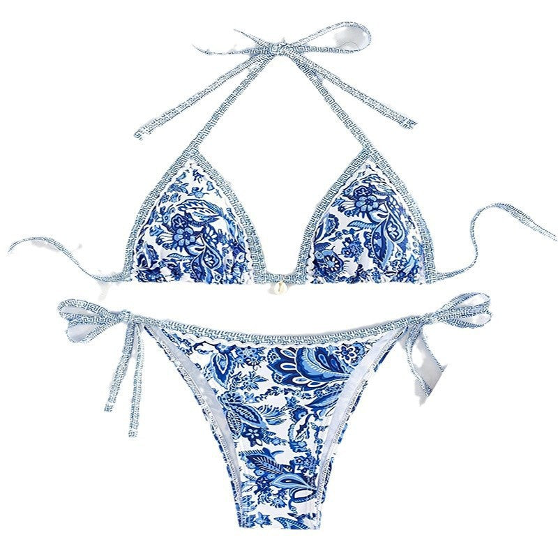 Dame triangel-bikini med romantisk blomsterprint og justerbare stropper Skovae