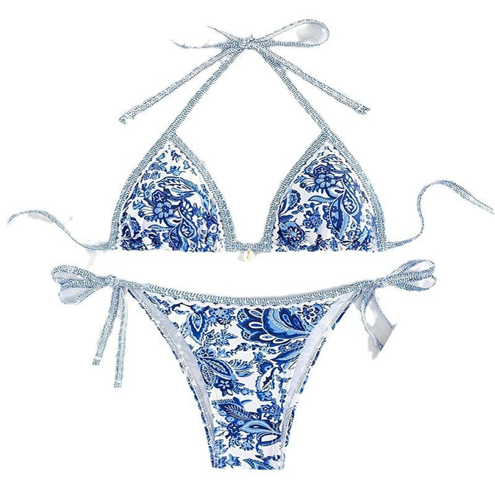 Dame triangel-bikini med romantisk blomsterprint og justerbare stropper Skovae
