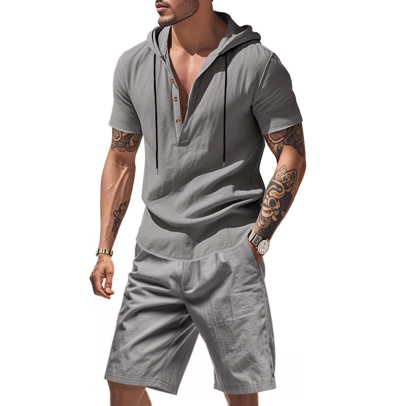 Herre afslappet hoodie-shorts sæt med moderigtig Henley-udskæring og åndbare egenskaber Stilla