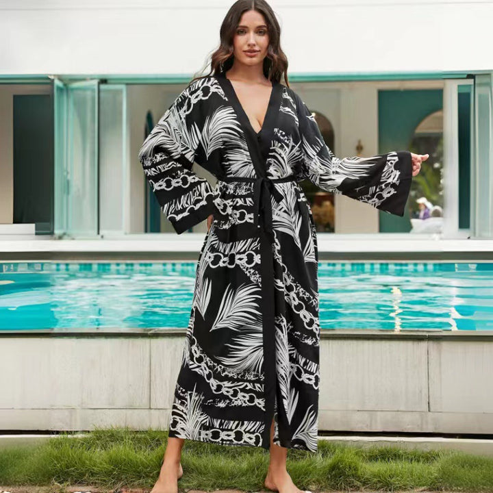 Dame Kimono-Style Strandovergangsrobe med kunstnerisk mønstermix Stilla