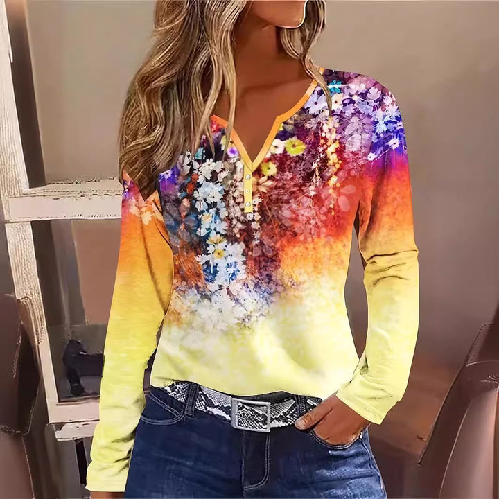 Dame Floral Langærmet T-shirt med Henley-udskæring og farvegradient Stilla