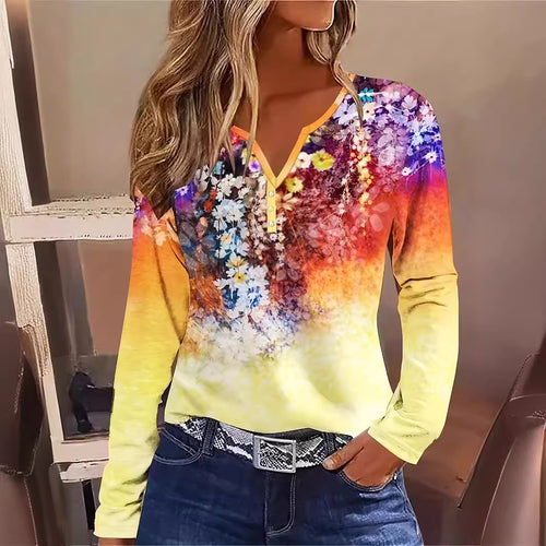 Dame Floral Langærmet T-shirt med Henley-udskæring og farvegradient Stilla