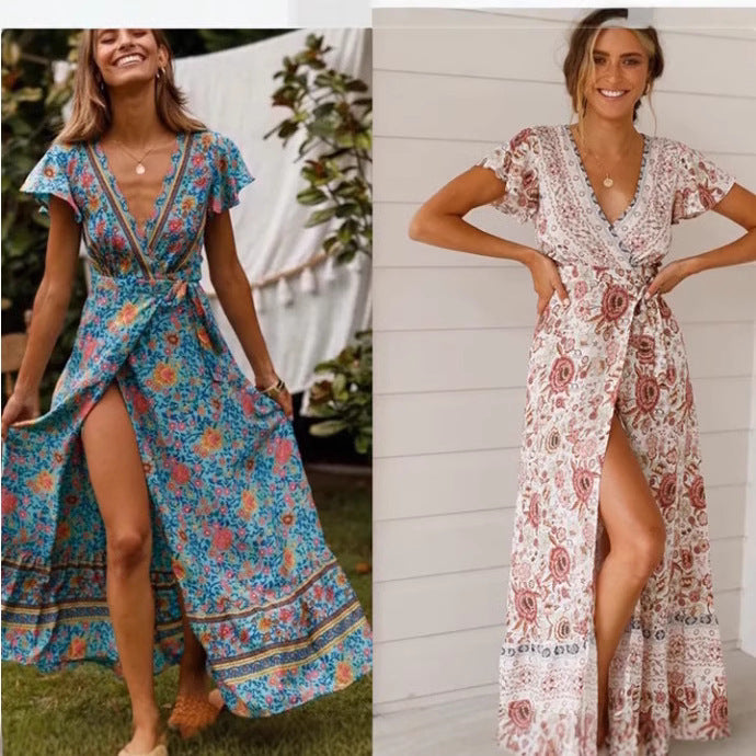 Dame Maxi-kjole med raffineret slids og elegant blomsterdesign Stilla