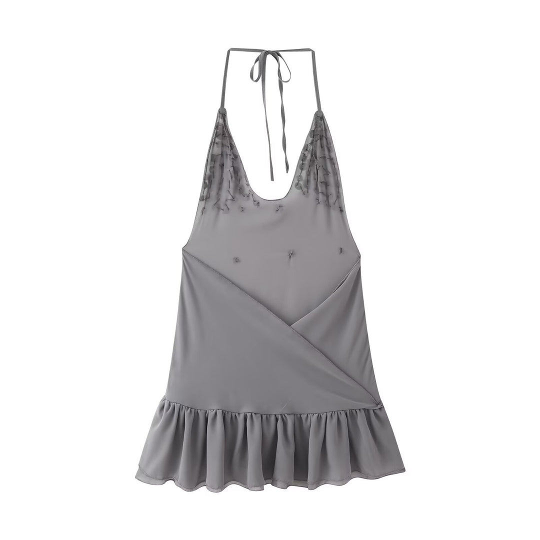 Femme Halter Neck Beaded Flounced Mini Dress Stilla