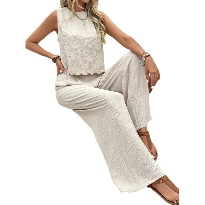 Dame afslappende to-delt outfit med brede bukser og ærmeløs top Skovae
