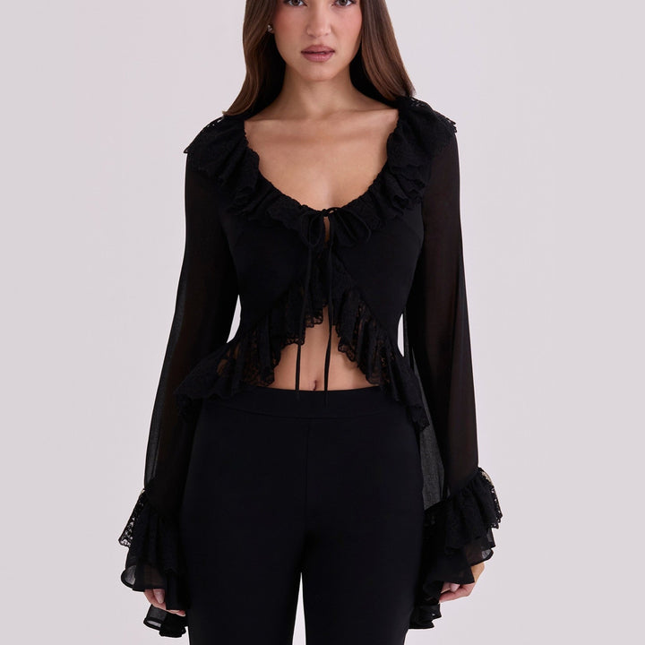 Dame Chiffonbluse med spidsbroderi Skovae