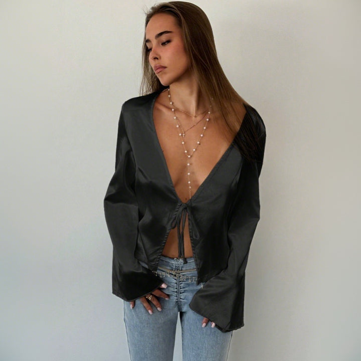 Kvinder elegant bluse med dyb V-hals og afslappet knude detaljer Stilla