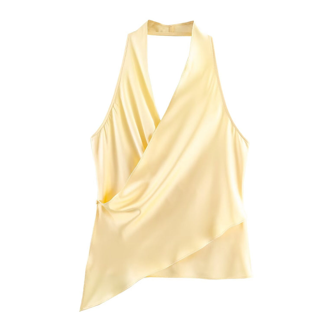 Damer elegant haltertop med asymmetrisk snit og skinnende satin finish Skovae