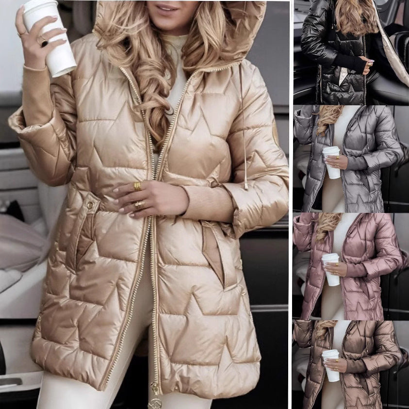 Femme Isoleret Langærmet Puffermantel med Justerbar Hue og Metallic-Finish Stilla