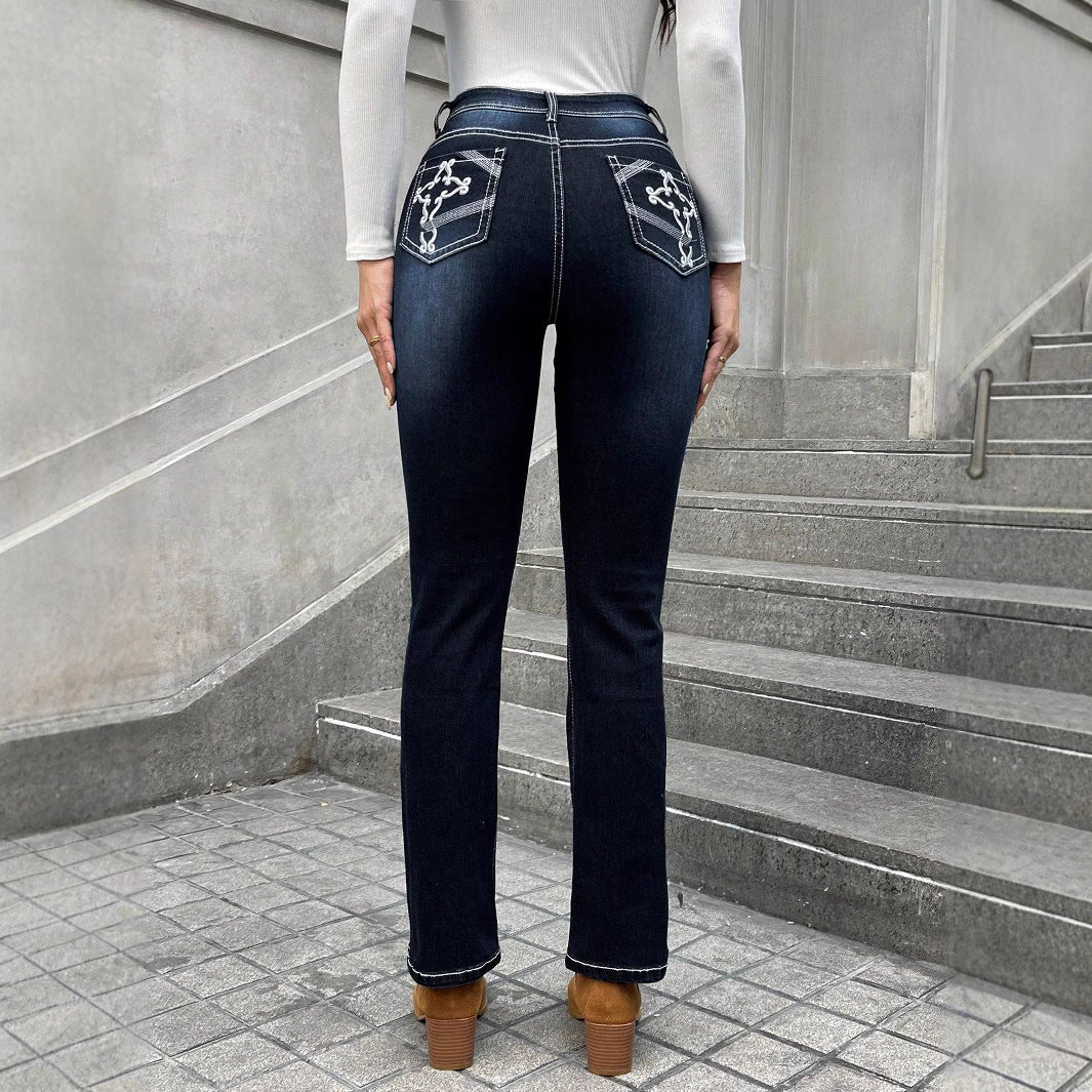 Dame Slim Fit Jeans med høj talje og dekorativ stik Stilla