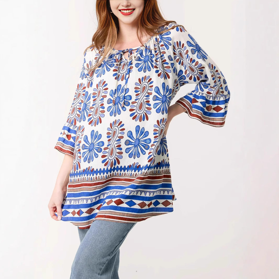 Dame bohemeinspirerede blomsterprint tunika-top Stilla