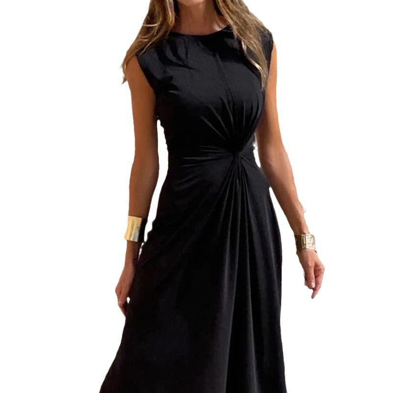Dame Elegant Maxikjole med raffineret Drapering og Rundhalset Stilla
