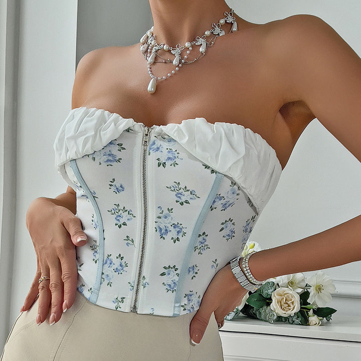 Dame korsett top med blomstermotiv og flæsedetaljer Stilla