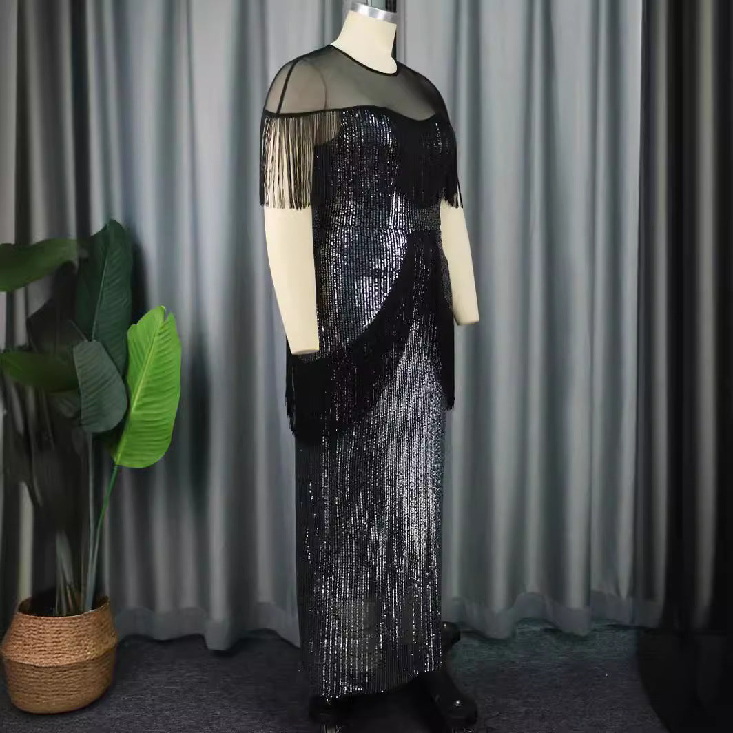 Dame Glamourøst Aftenkjole med Frynser og Skinnende Overmateriale Skovae