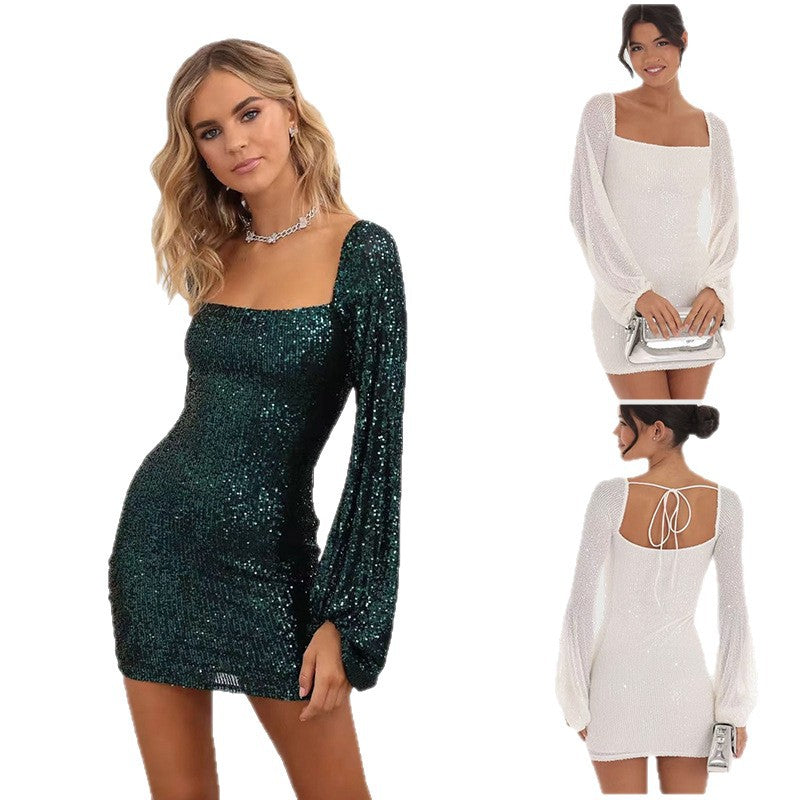 Dames Glamorous Mini Kjole med Elegante Puffærmer og Glitrende Pailletter Skovae