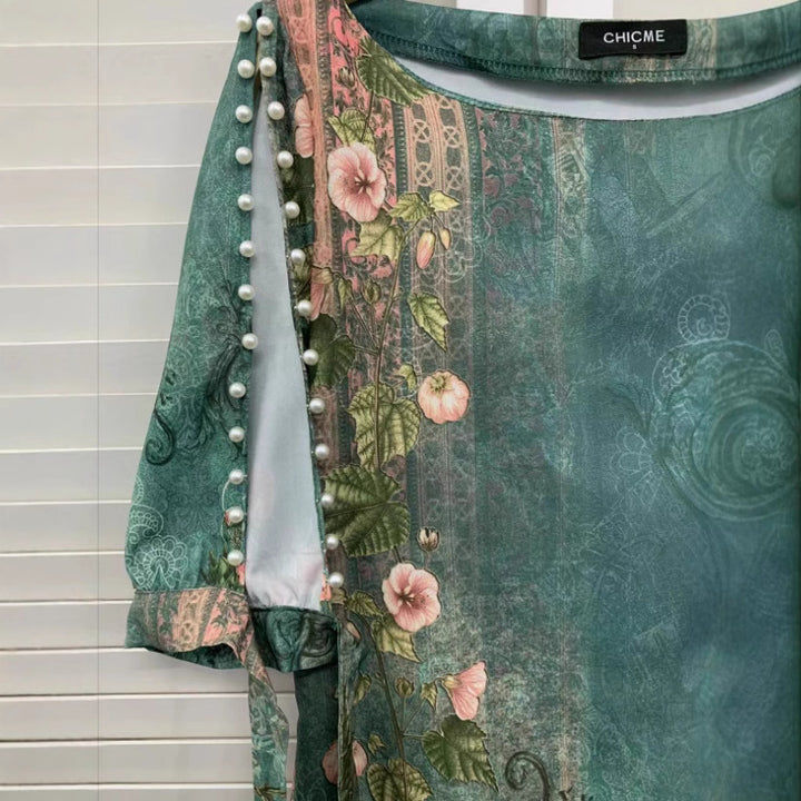 Dame Elegante Kortærmet Kjole med Blomster Mønster og Udsnit Stilla