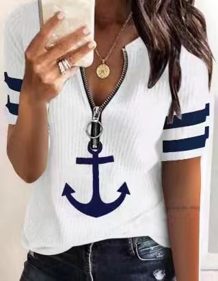 Dame afslappet T-shirt med lynlås og maritimt ankerdesign Stilla