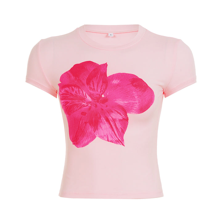 Dame T-shirt med blomstertryk og tætsiddende pasform Skovae