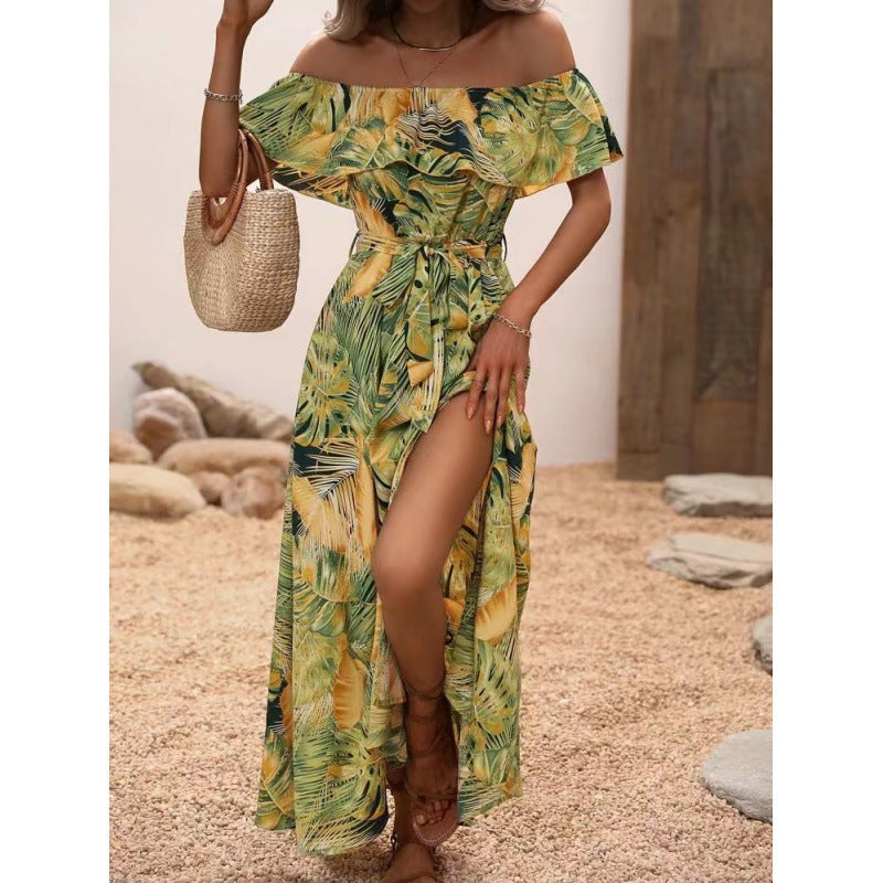 Femme Off-Shoulder Tropisktryk Maxikjole med sideløsning Stilla