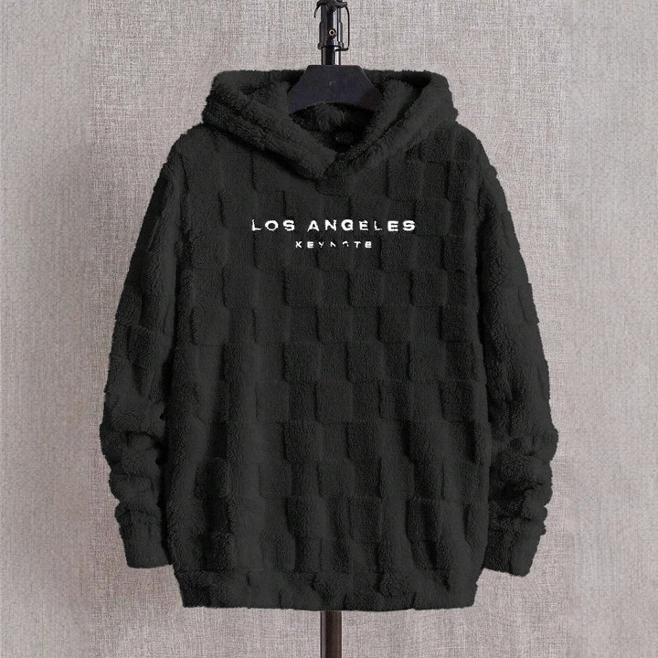 Dame hyggelig hætte sweatshirt med ternet mønster og moderne skrift Stilla