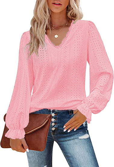 Dame elegant bluse med flæse detaljer og V-udskæring Stilla