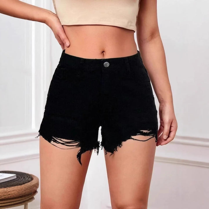 Dame mode ødelagte denim-shorts med frynset kant Skovae