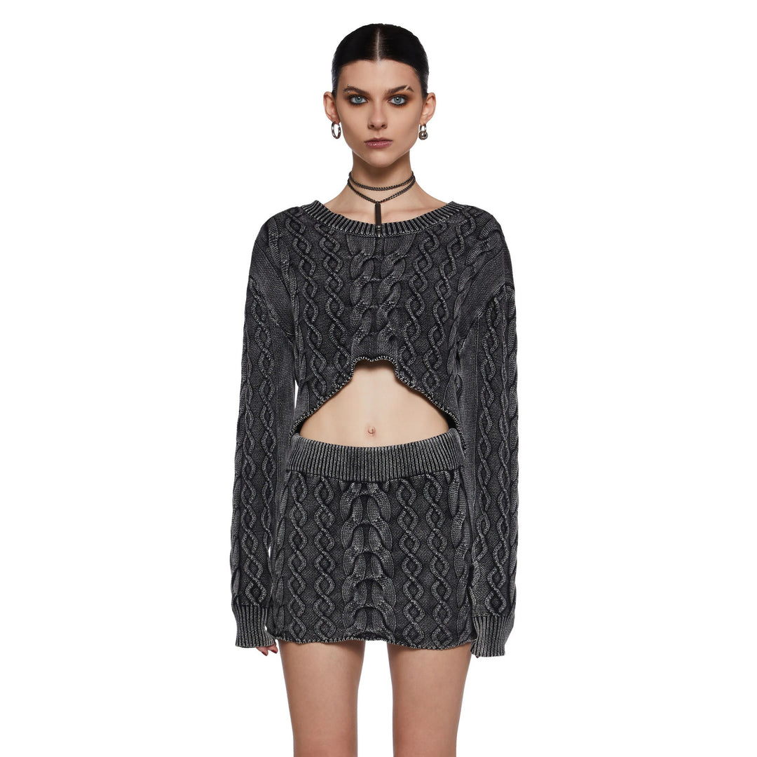 Kvinders Chunky Strikket Crop Top og Mini Nederdel Sæt Stilla
