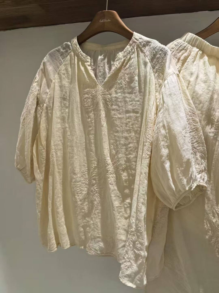 Dame Broderet V-Udskæring Bluse med Svingærmer Stilla