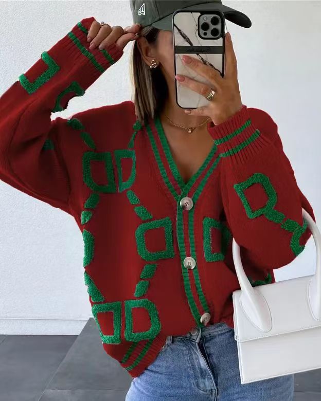 Kvinders stilfulde cardigan med unikt geometrisk mønster og trendy knapstolpe Stilla
