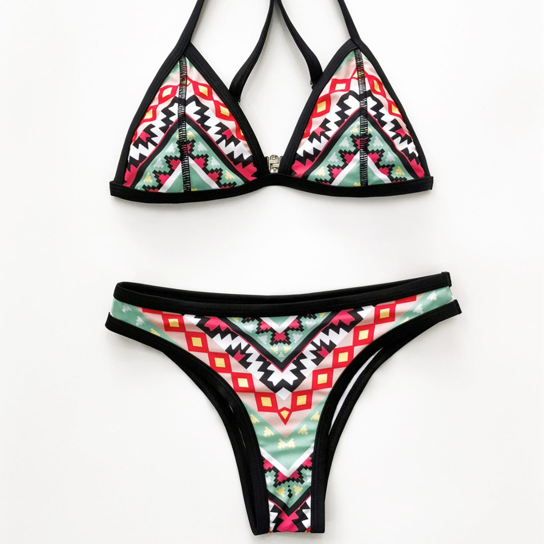 Dame Triangel-Bikini med kontrasterende geometriske mønstre og justerbare stropper Stilla