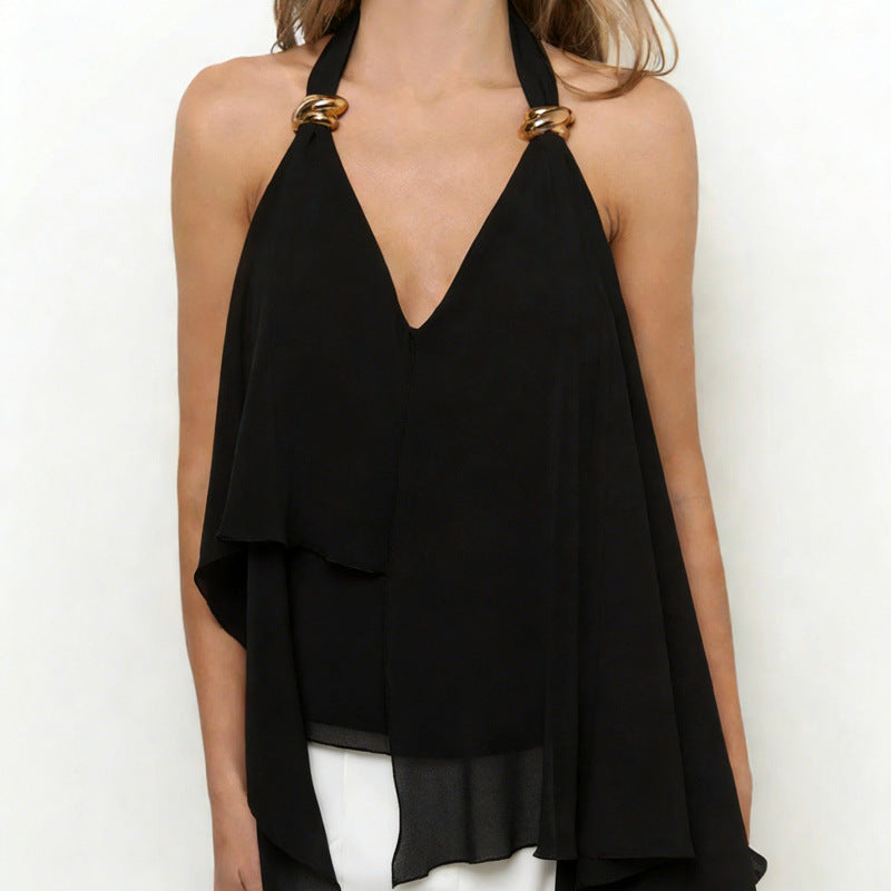 Dame chiffonbluse med asymmetrisk snit og glansdetaljer Skovae