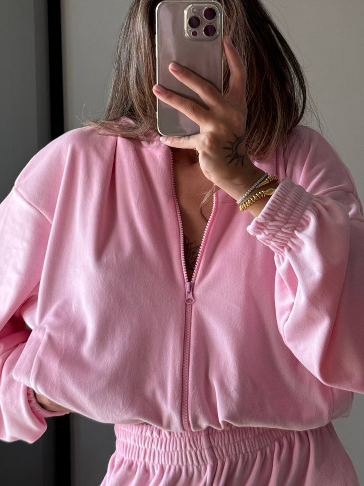 Kvinders fleece loungewear sæt med moderne lynlås og løs pasform