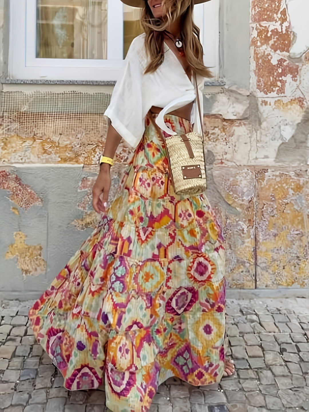 Femme Bohemian Maxi Skirt med etnisk tryk Stilla