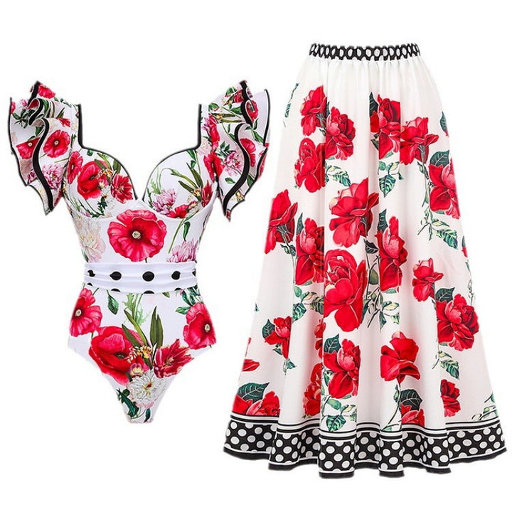 Dame badedragt med flæsedetaljer og blomsterkjole Skovae