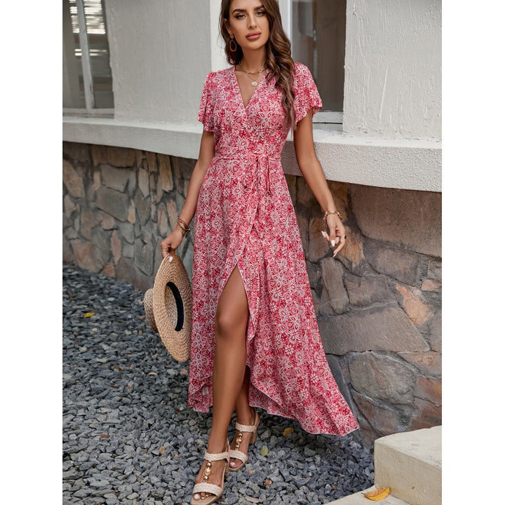 Dame High-Low Vaffel Maxi Kjole med Bindingsdetalje Stilla