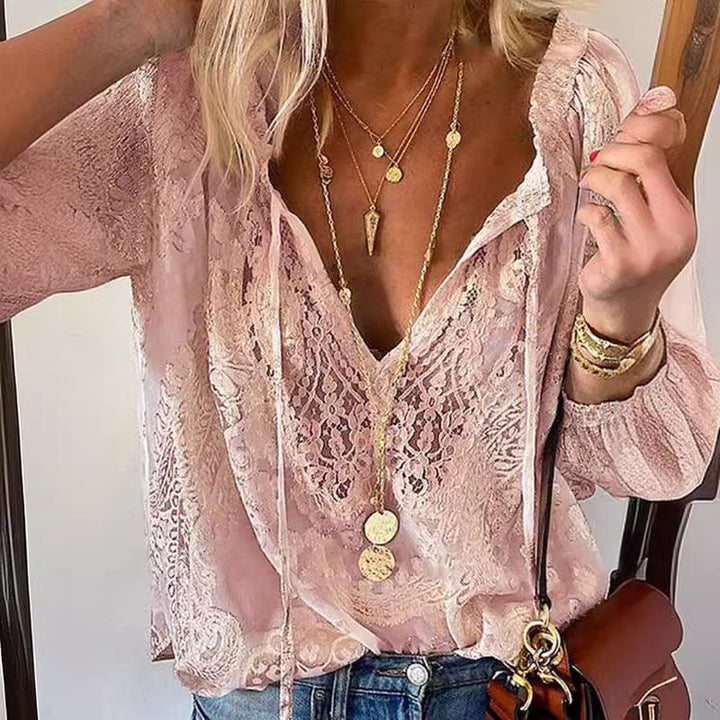 Dame elegant bluse med fin lace og dyb V-udskæring Skovae