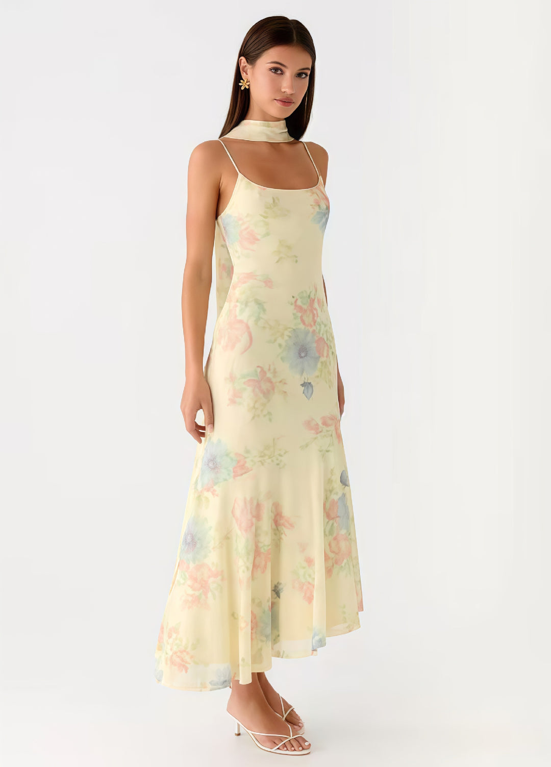 Kvinders elegante maxi kjole med blomster chiffon design og halter hals