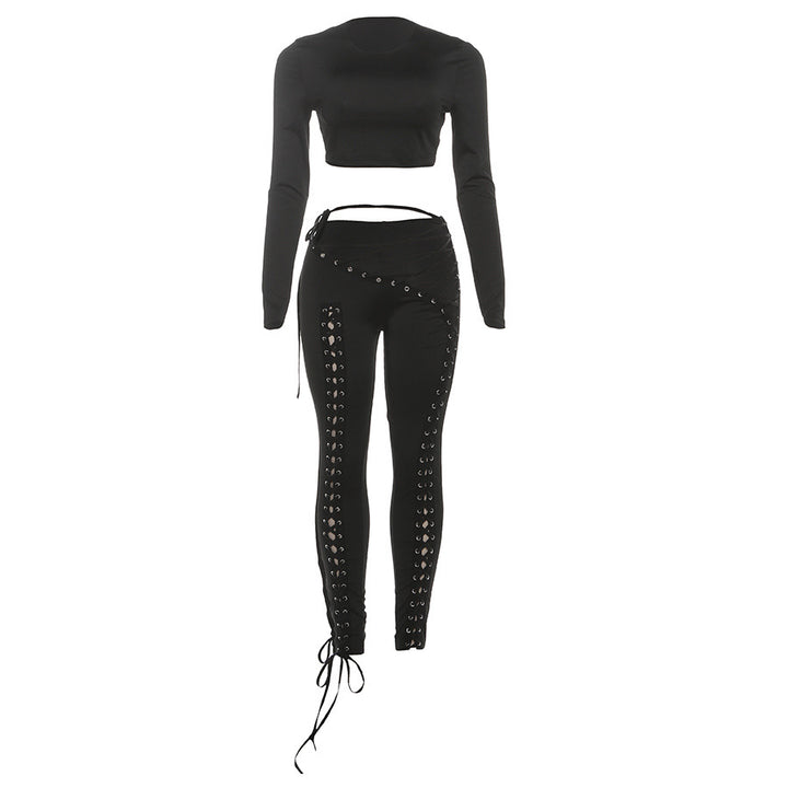 Dame Crop-Top og højtskårne leggings med snørredetaljer Skovae