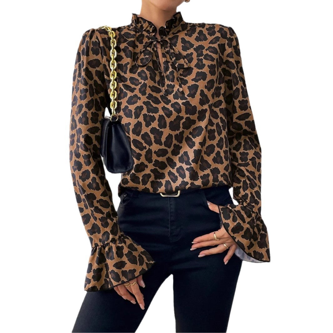 Damebluse med voluminøse ærmer og kreativ leopardmønster Stilla