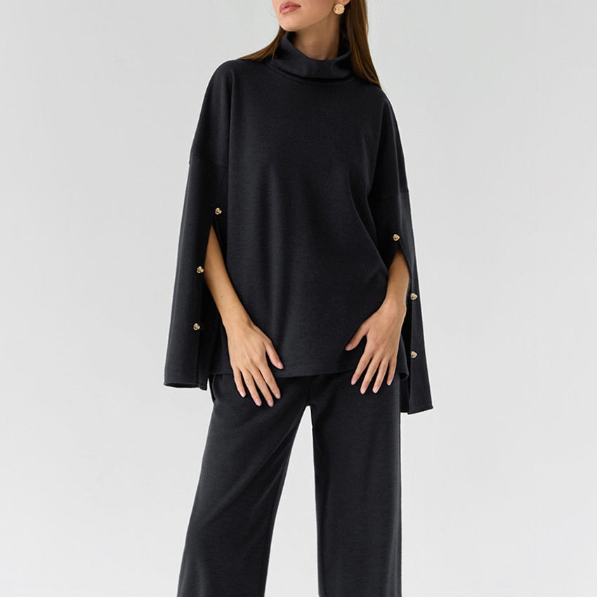 Dame Oversized Sweatshirt og bredbukser sæt med elegante knapdetaljer Stilla