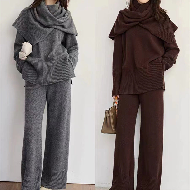 Femme Cozy Knit Pullover og Bredt Bukse Sæt Stilla