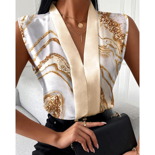 Damer elegant bluse med moderne marmor mønster og V-hals Stilla