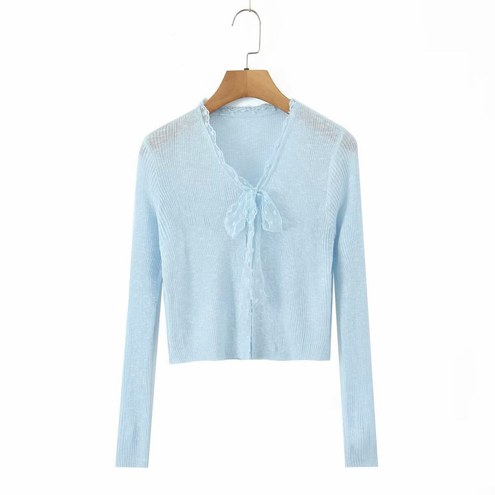 Dame elegant, kort skåret cardigan med delikate flæse detaljer Stilla