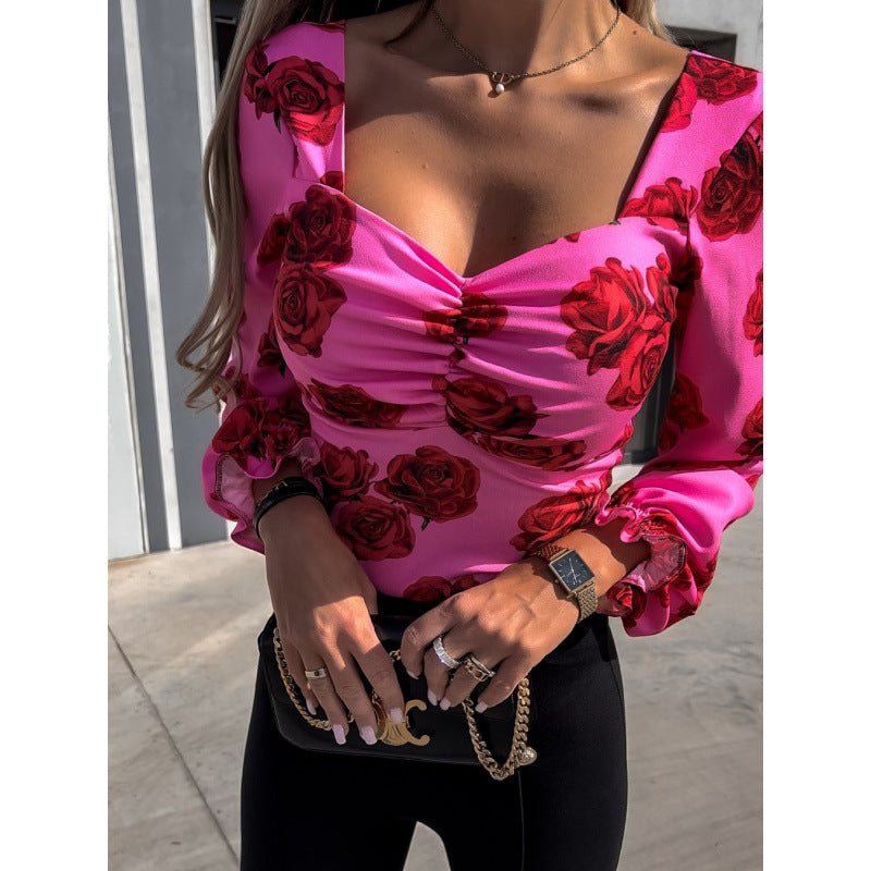 Dame Floral Print Rynk Langærmet Top Stilla